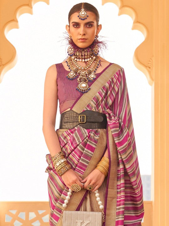 Brandy Cream and Purple Printed Patola Saree - qivii