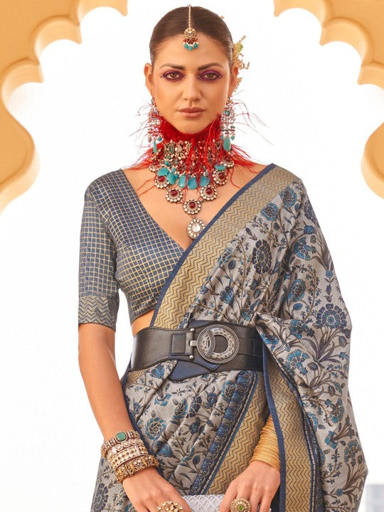 Lynch Blue and Grey Printed Patola Saree