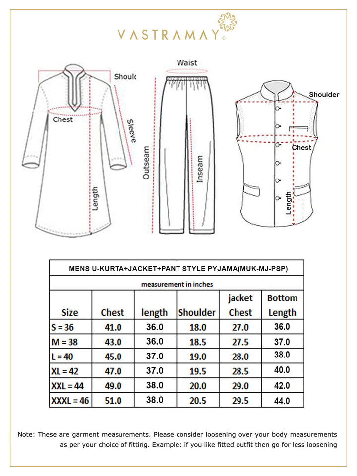 VASTRAMAY Men's Mustard Geometric Printed Nehru Jacket With Curved Kurta And Pant Set