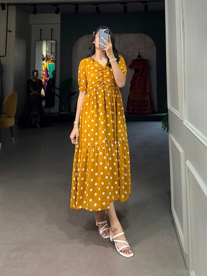 Mustard Georgette Polka Dot Print Frock