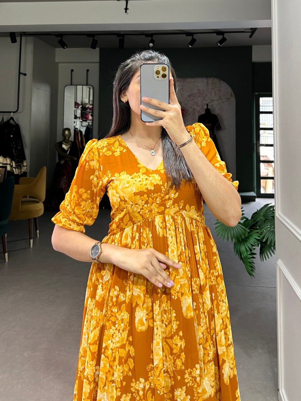 Mustard Georgette Floral Print Frock