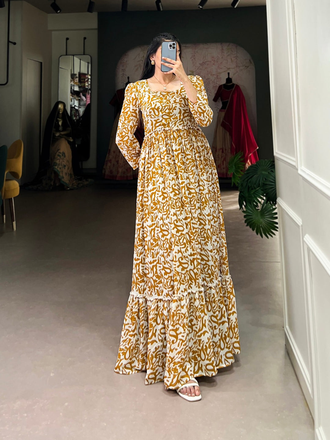 Mustard Georgette flowy, and printed Gown