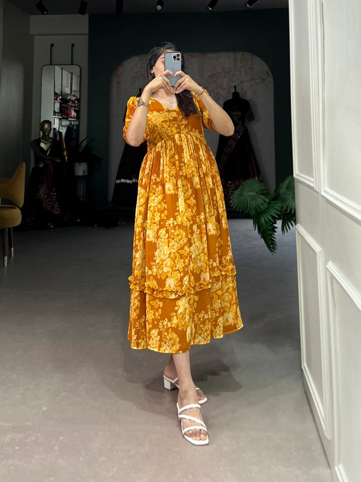 Mustard Georgette Floral Print Frock