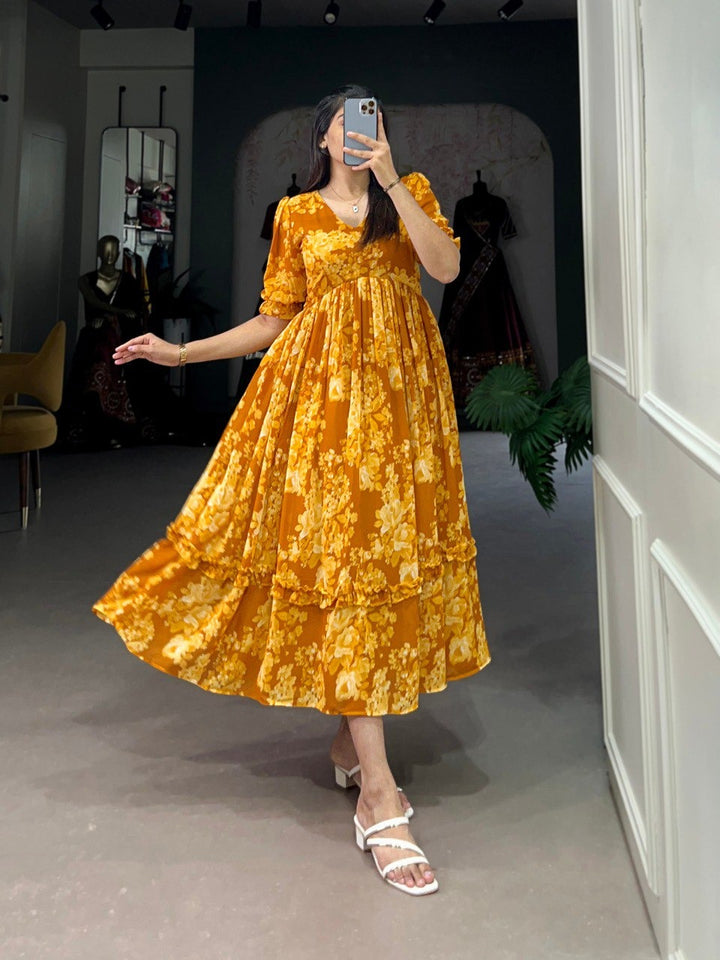 Mustard Georgette Floral Print Frock