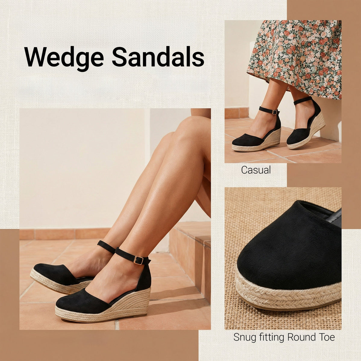 Women's Elodie Closed-Toe Espadrille Wedge Sandals - Velvet Platform Sandals with Adjustable Velcro Ankle Strap (US 4-10.5)