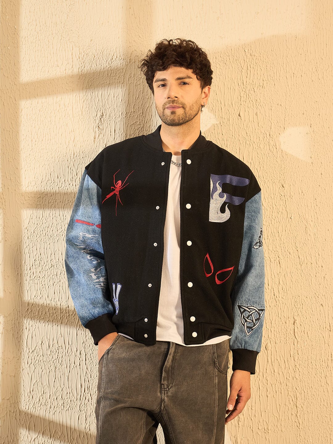 Black Woollen Tattooed Jacket With Denim Sleeves