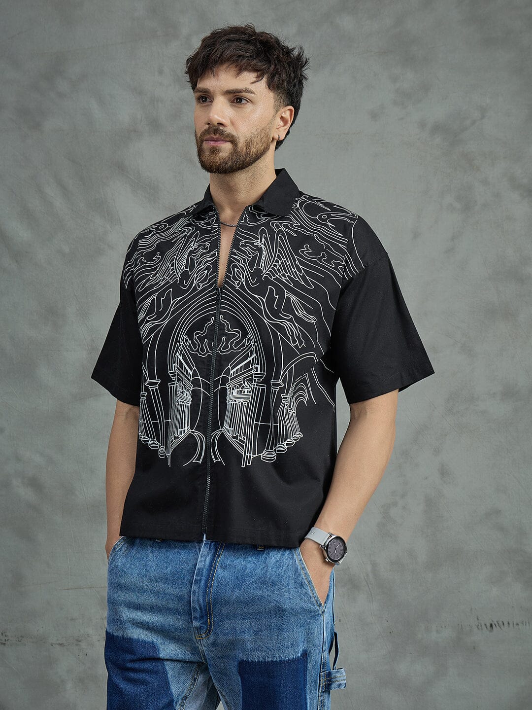 Black Lineart Zipped Shirt