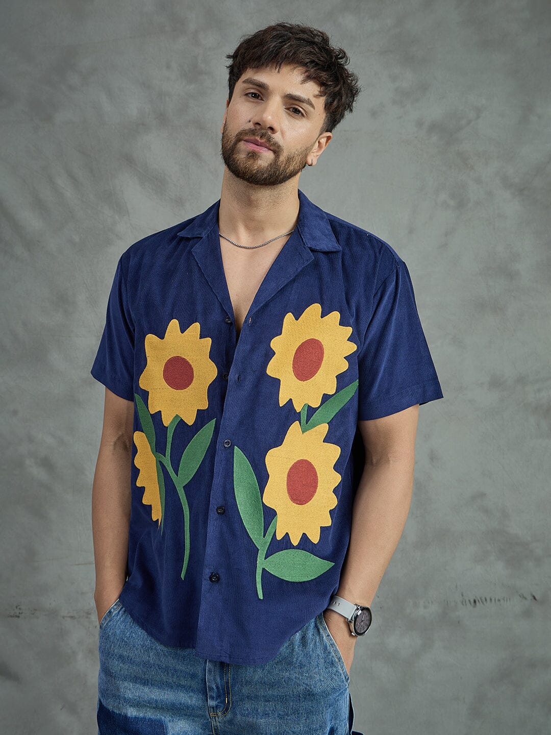 Navy Corduroy Sunflower Cuban Shirt