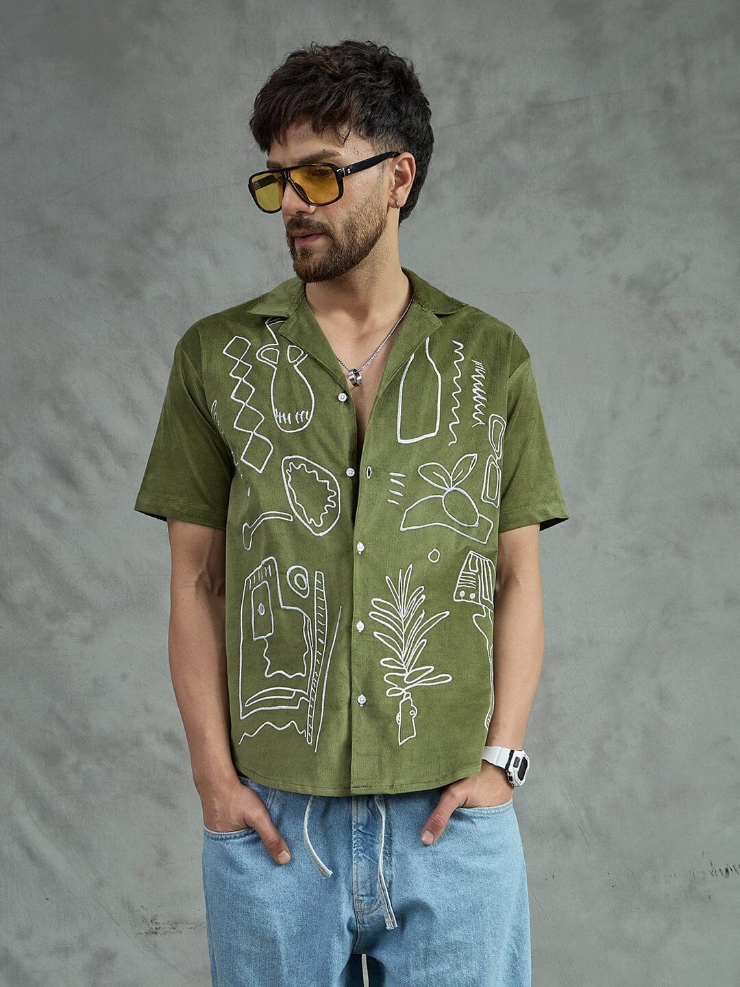 Khaki Embroidery Corduroy Cuban Shirt