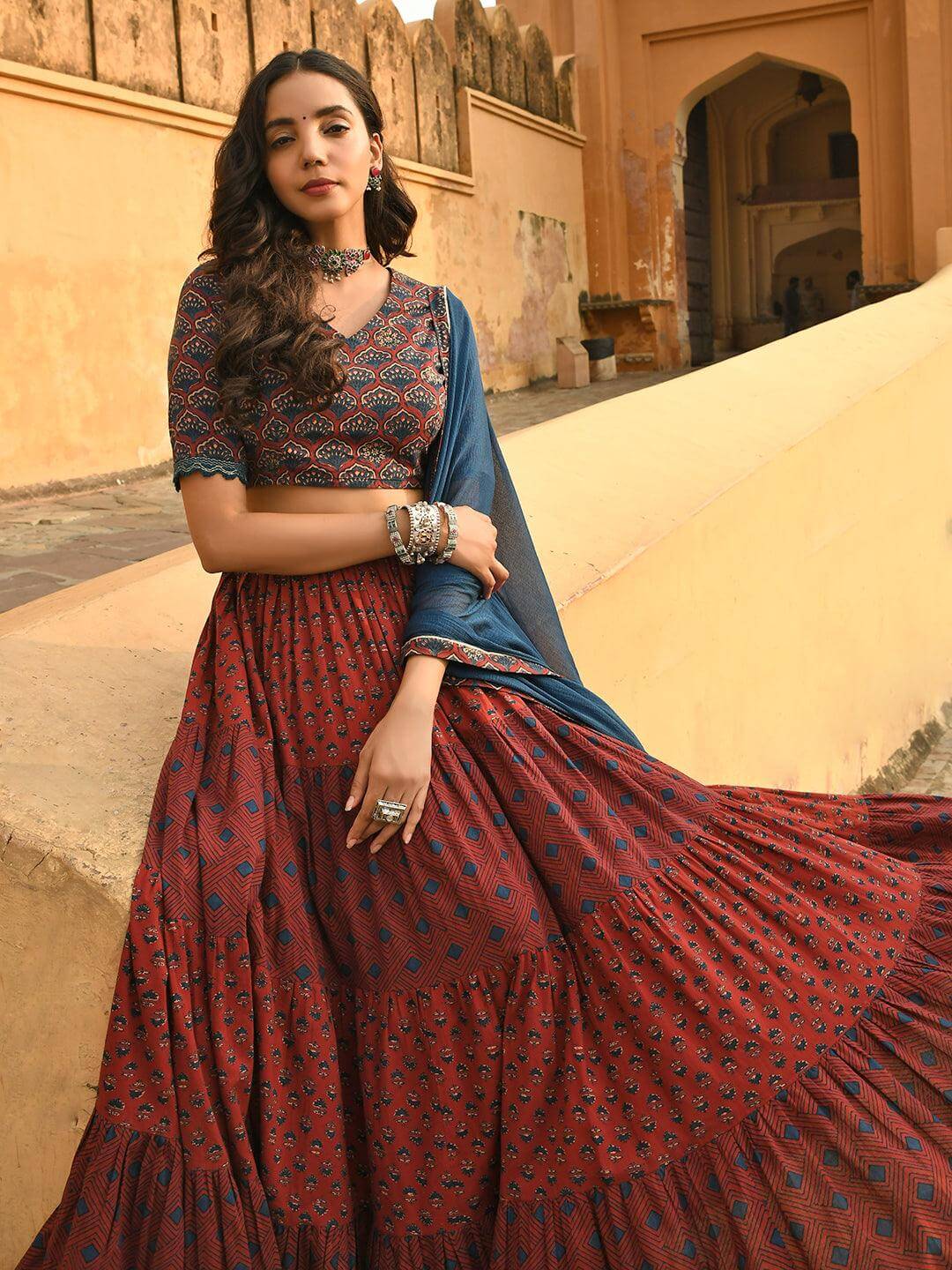 Maroon Cotton Block Print Lehenga Choli With Dupatta  - By Janasya