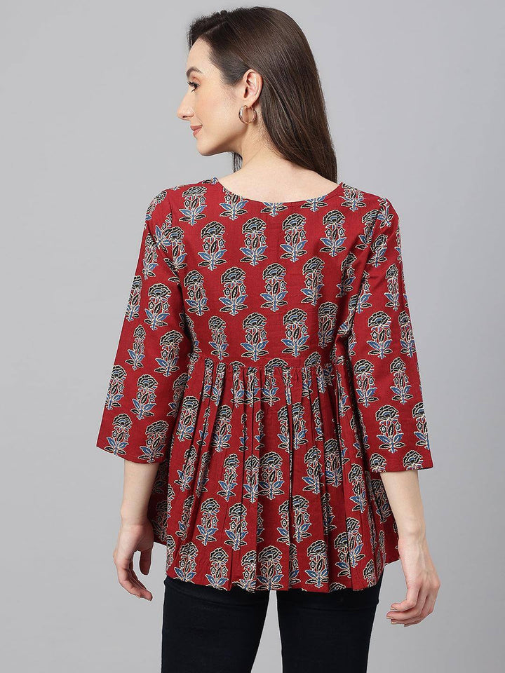 Maroon Cotton Floral Block Print Flared Top  - By Janasya