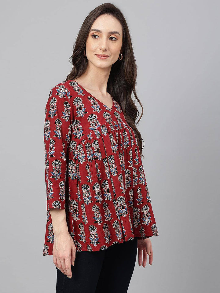 Maroon Cotton Floral Block Print Flared Top  - By Janasya