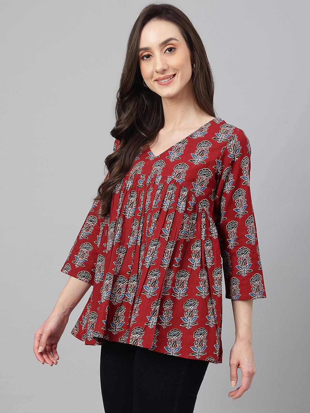 Maroon Cotton Floral Block Print Flared Top  - By Janasya