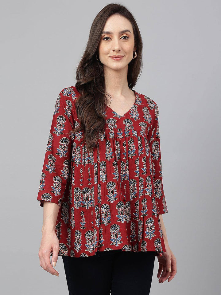 Maroon Cotton Floral Block Print Flared Top  - By Janasya