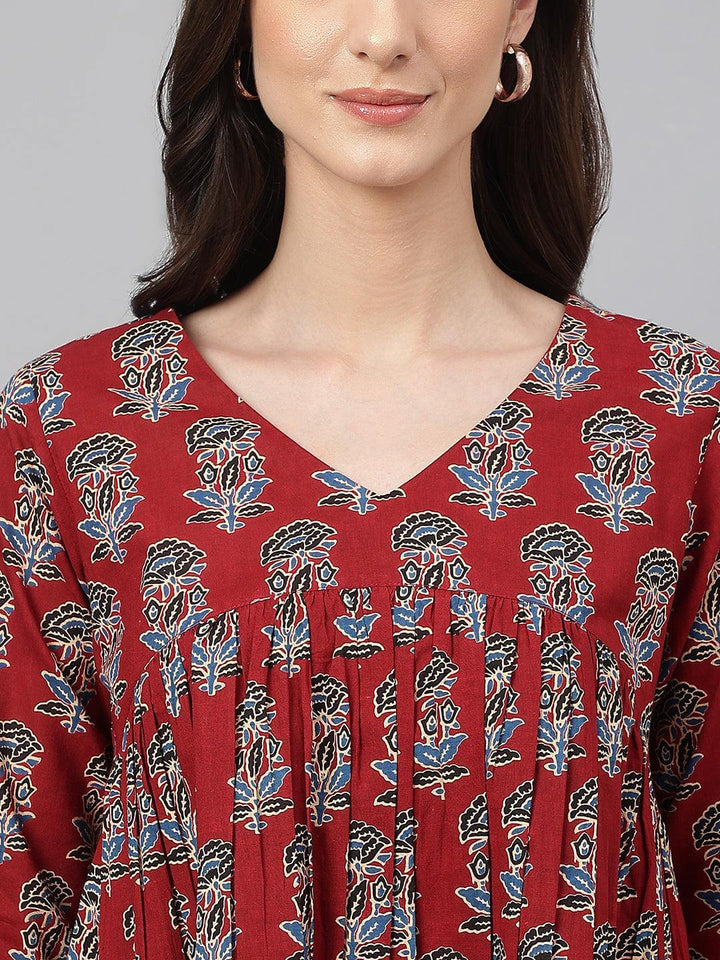 Maroon Cotton Floral Block Print Flared Top  - By Janasya