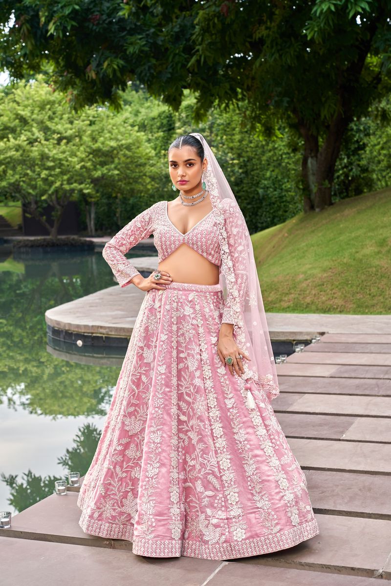 Pink Organza Sequins embroidery Semi-Stitched Lehenga choli & Dupatta