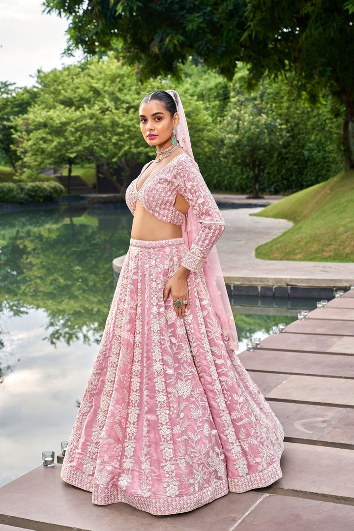 Pink Organza Sequins embroidery Semi-Stitched Lehenga choli & Dupatta