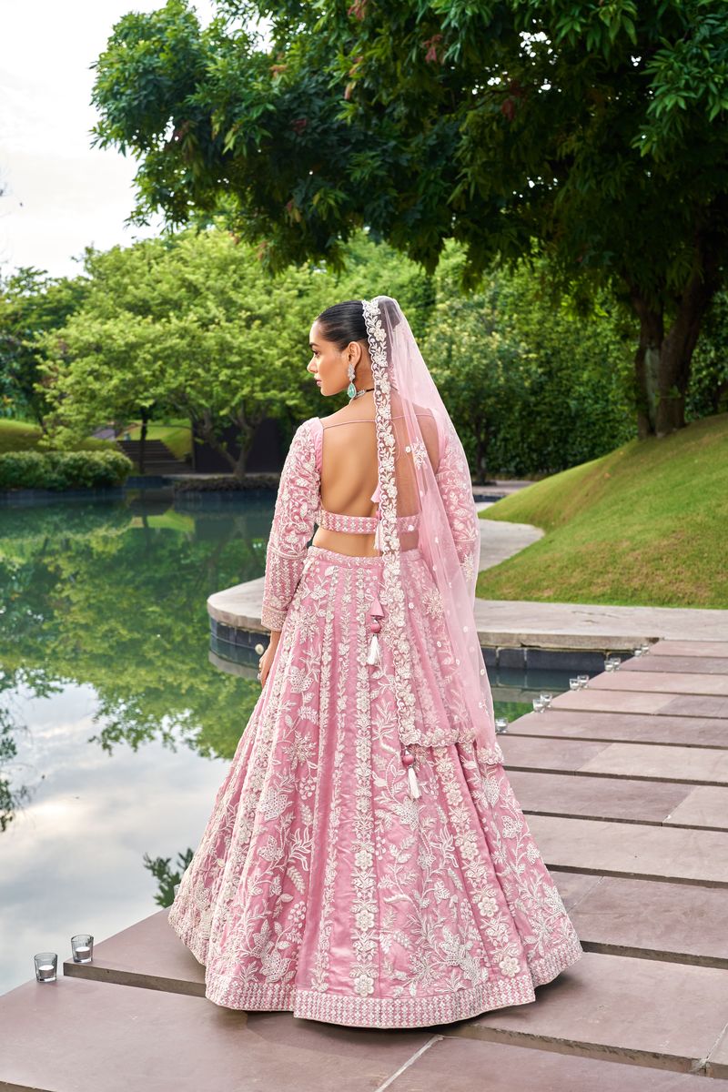 Pink Organza Sequins embroidery Semi-Stitched Lehenga choli & Dupatta