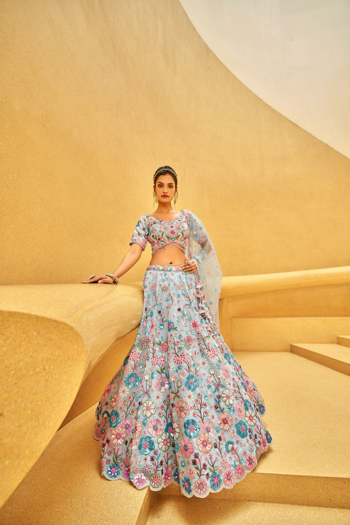 Turquoise blue Organza Zarkan & heavy Sequin embroidery Semi-Stitched Lehenga choli & Dupatta