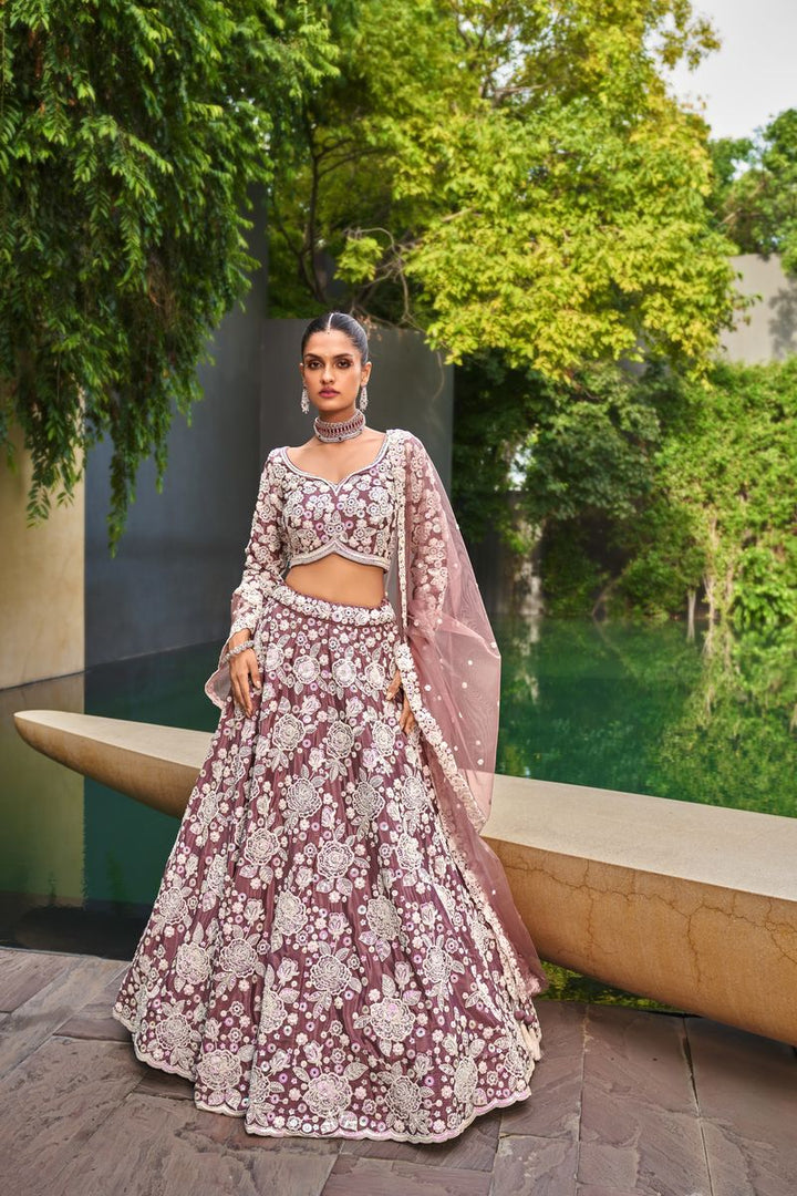 Lavender Satin fabric Sequins & Moti work Semi-Stitched Lehenga choli & Dupatta