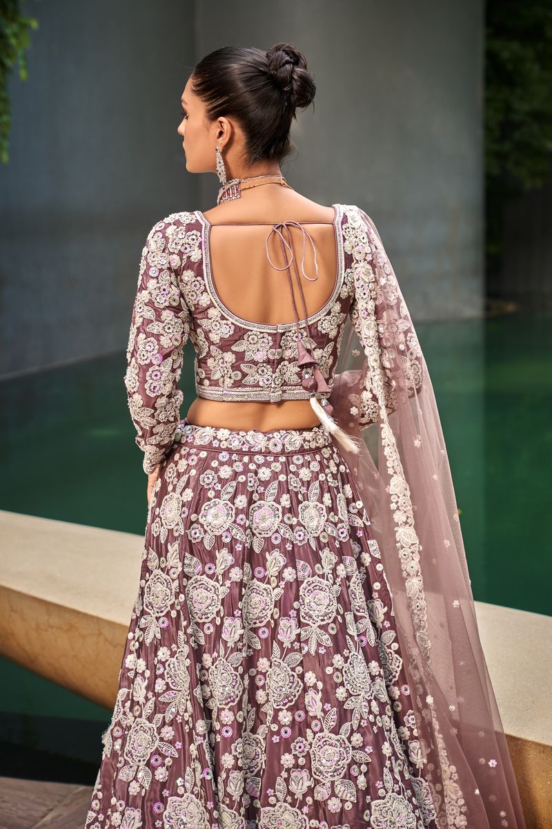 Lavender Satin fabric Sequins & Moti work Semi-Stitched Lehenga choli & Dupatta