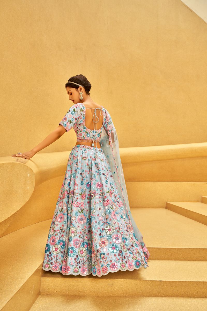 Turquoise blue Organza Zarkan & heavy Sequin embroidery Semi-Stitched Lehenga choli & Dupatta