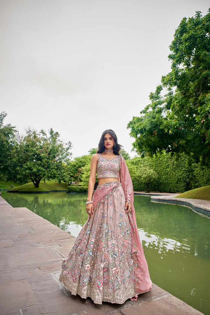 Rose gold Organza fabric Sequins & Mirror work Semi-Stitched Lehenga choli & Dupatta