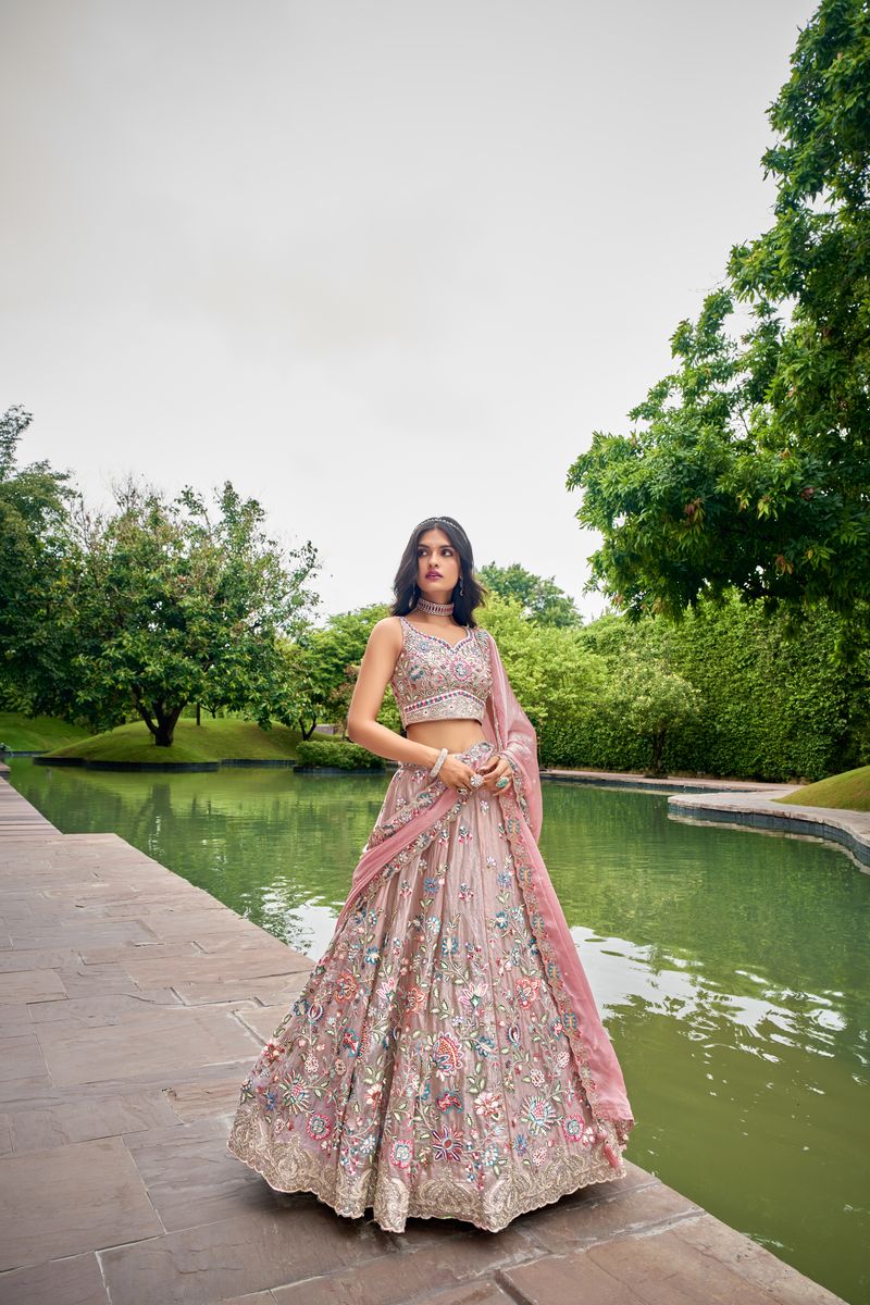 Rose gold Organza fabric Sequins & Mirror work Semi-Stitched Lehenga choli & Dupatta