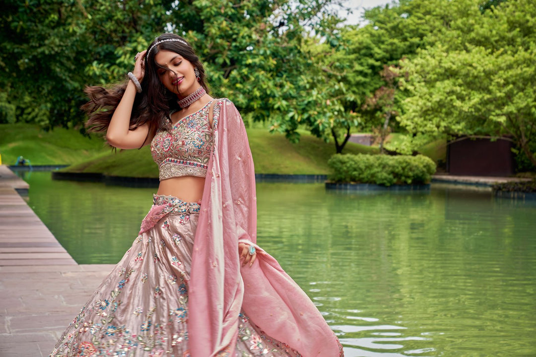 Rose gold Organza fabric Sequins & Mirror work Semi-Stitched Lehenga choli & Dupatta