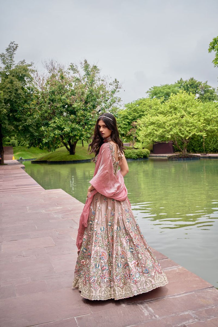 Rose gold Organza fabric Sequins & Mirror work Semi-Stitched Lehenga choli & Dupatta