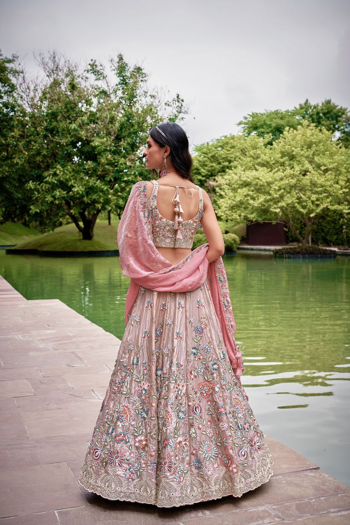 Rose gold Organza fabric Sequins & Mirror work Semi-Stitched Lehenga choli & Dupatta