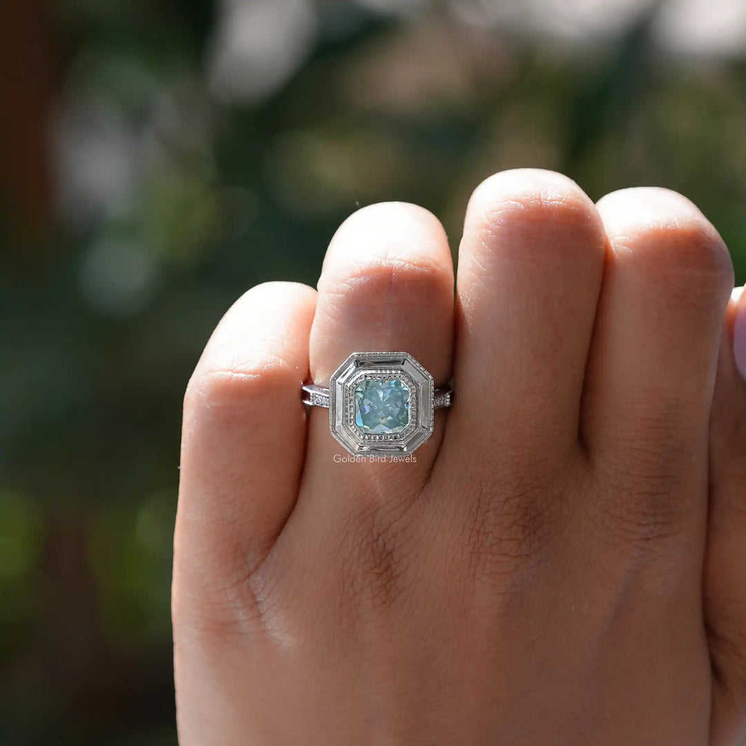 Blue Radiant Moissanite Milgrain Engagement Ring