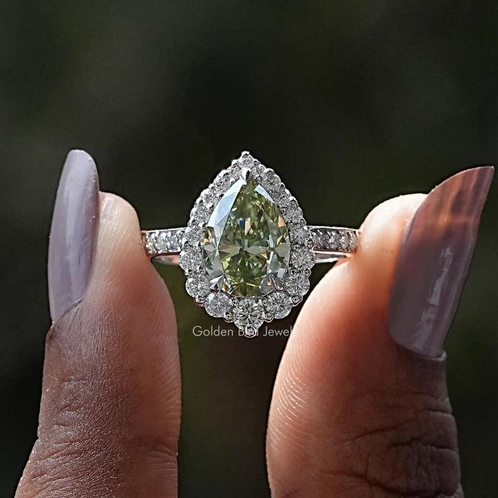 Mint Green Pear Cut Moissanite Halo Ring