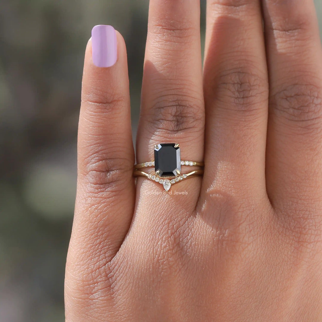 Black Emerald Cut Moissanite Bridal Ring Set