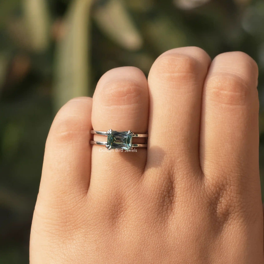 Blue Criss Cut Moissanite Solitaire Engagement Ring