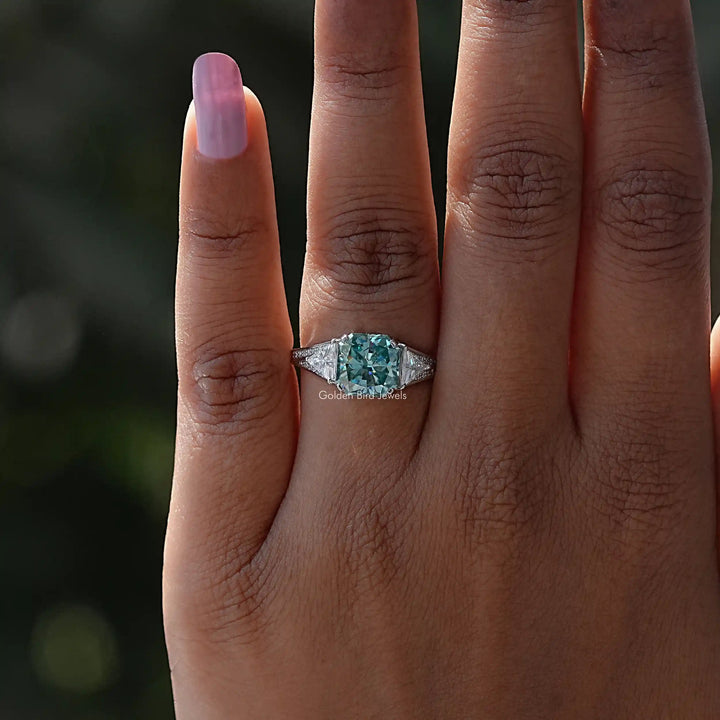 Blue Radiant Cut Moissanite Accent Stone Ring