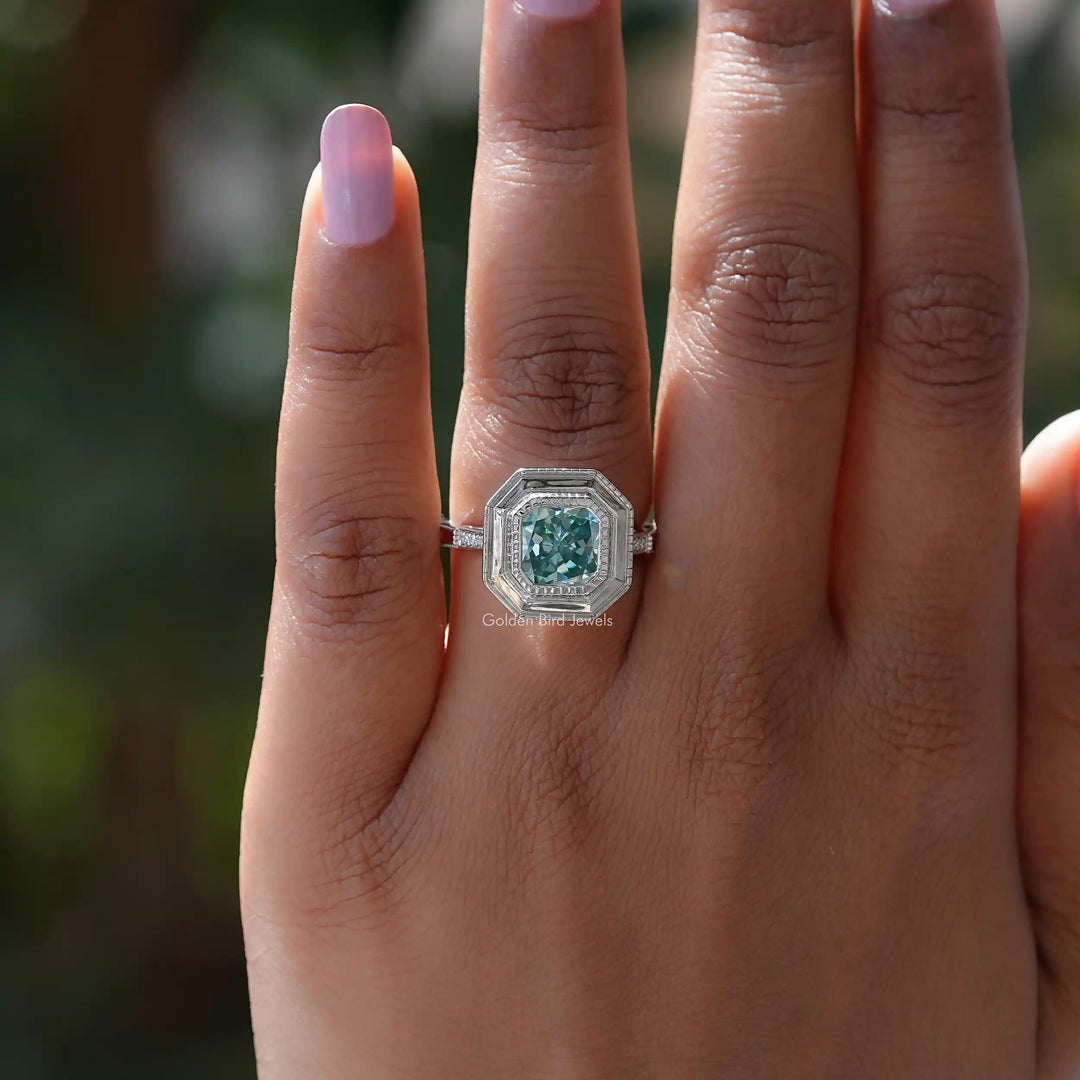 Blue Radiant Moissanite Milgrain Engagement Ring