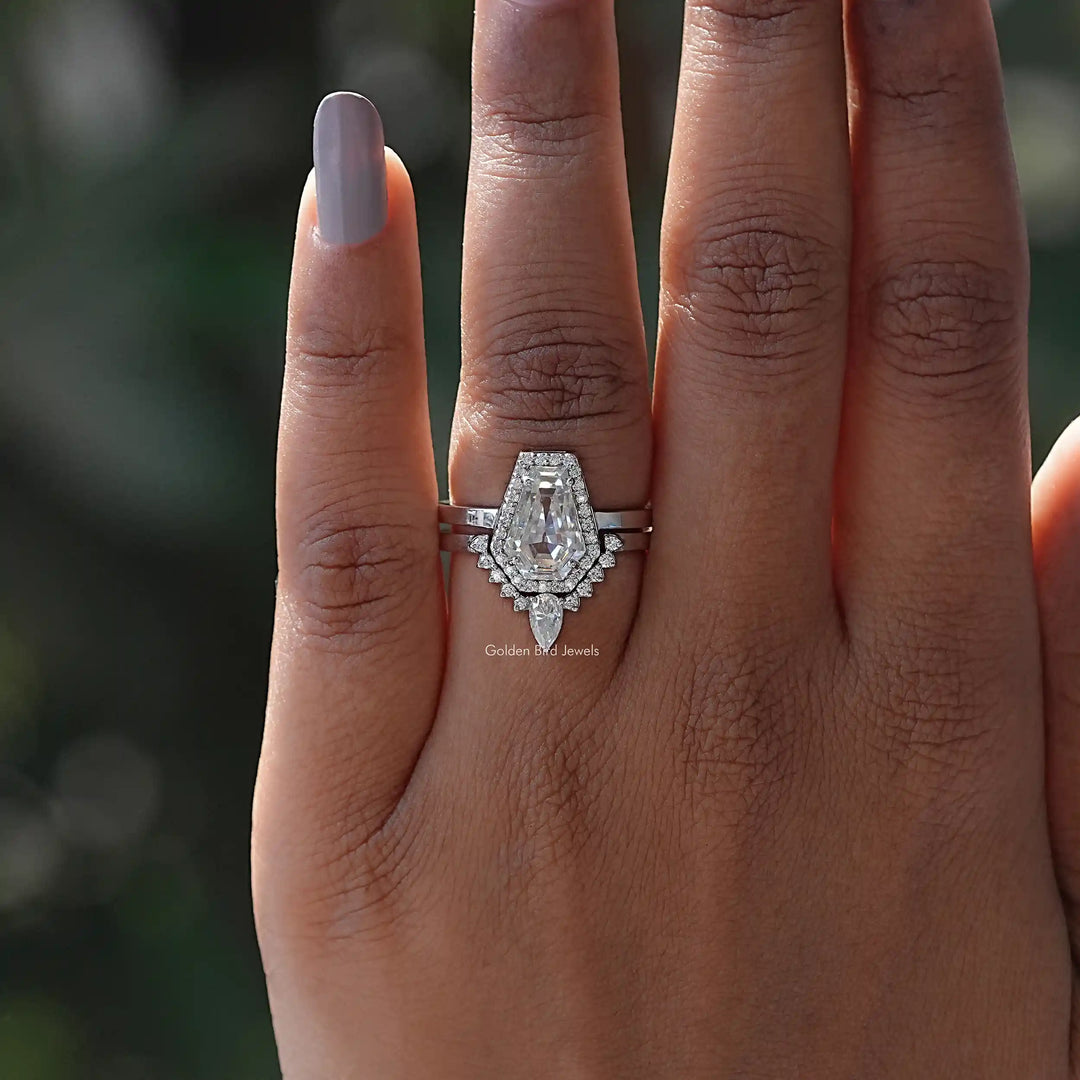 Coffin Cut Moissanite Halo Bridal Ring Set