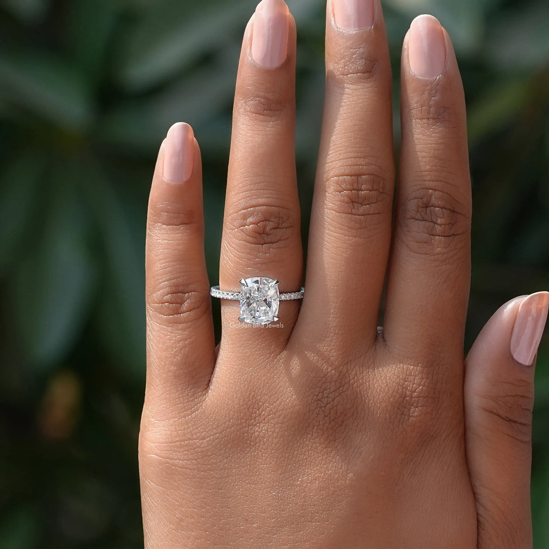 Crushed Ice Cushion Moissanite Hidden Halo Ring