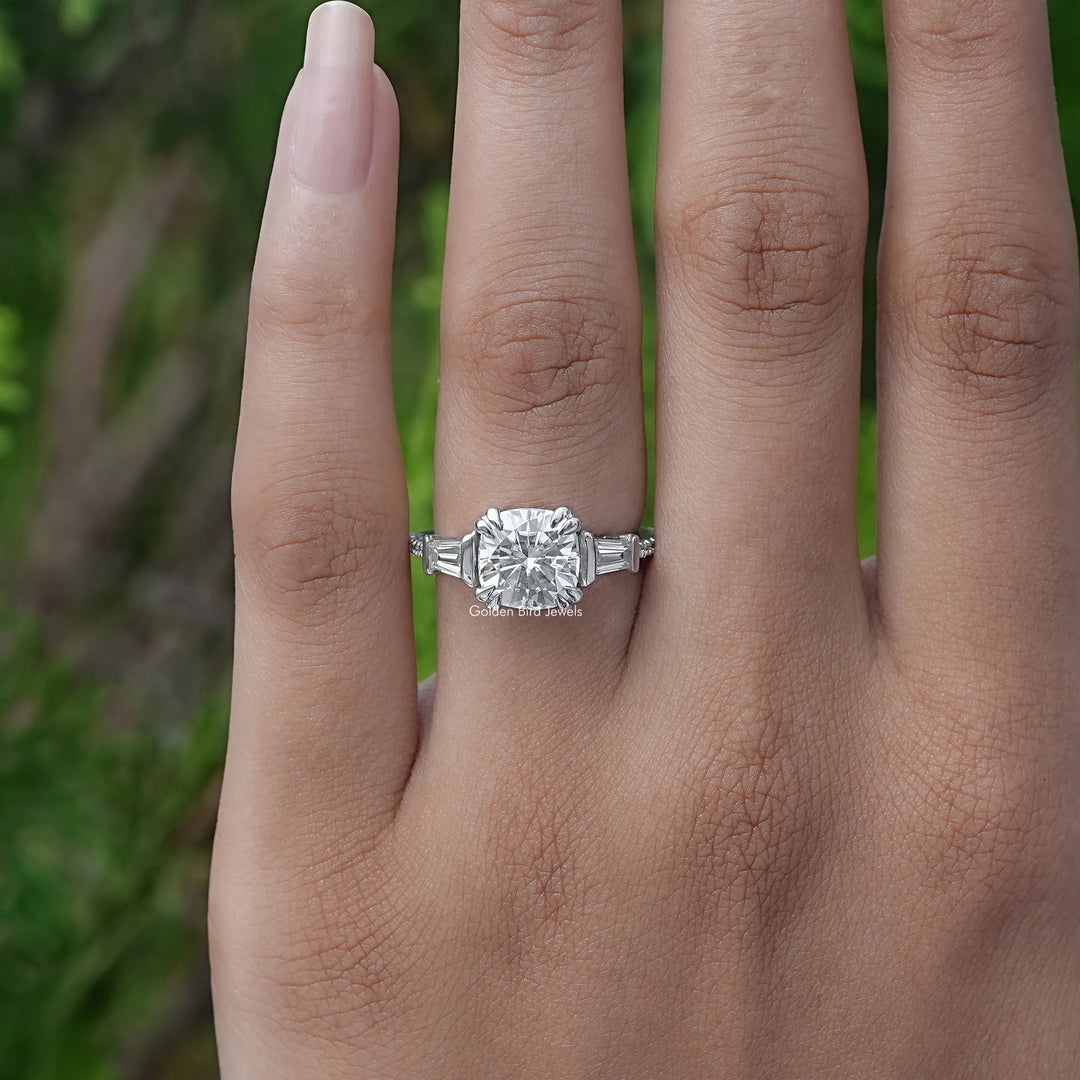 Cushion Moissanite Three Stone Engagement Ring