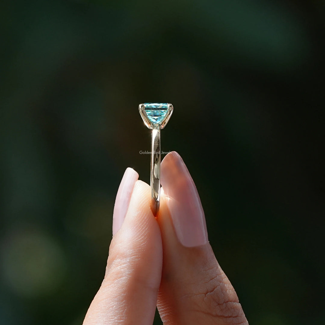 Cyan Blue Princess Cut Moissanite Solitaire Ring