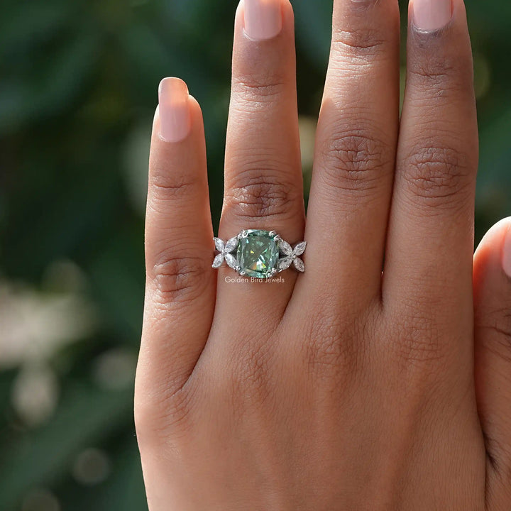 Dark Green Cushion Cut Moissanite Engagement Ring