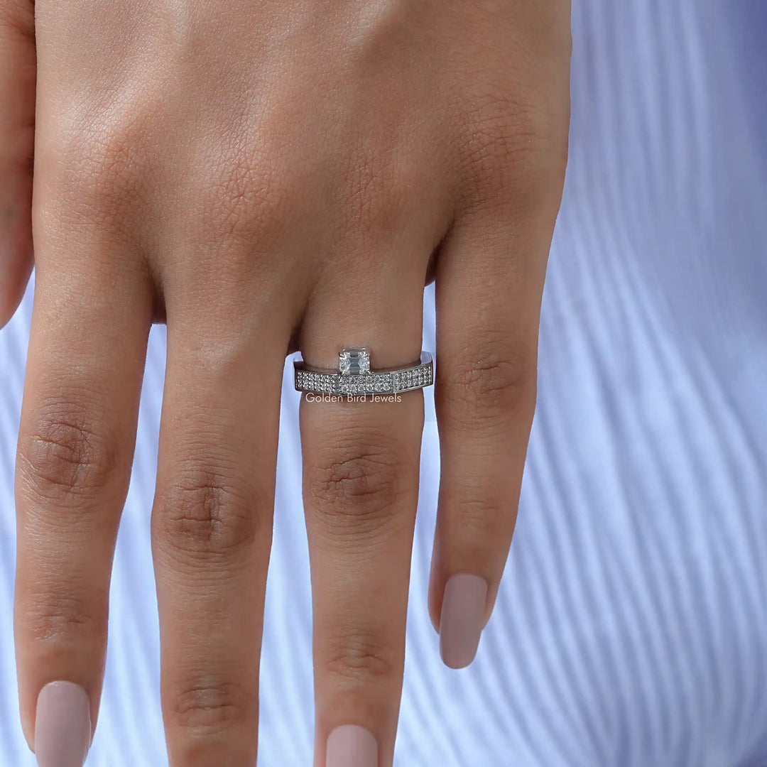 East West Emerald Cut Moissanite Pave Ring