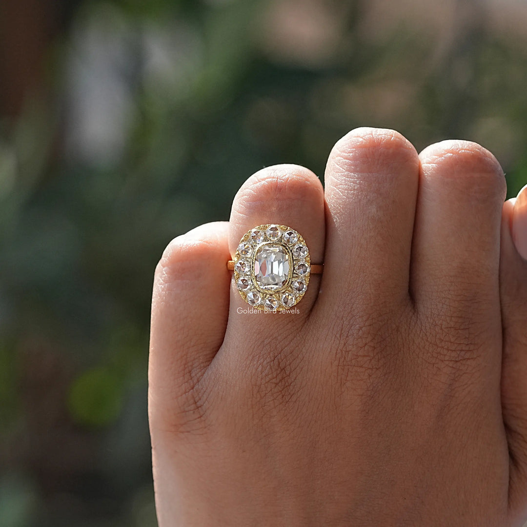 Elongated Old Mine Cushion Moissanite Halo Ring