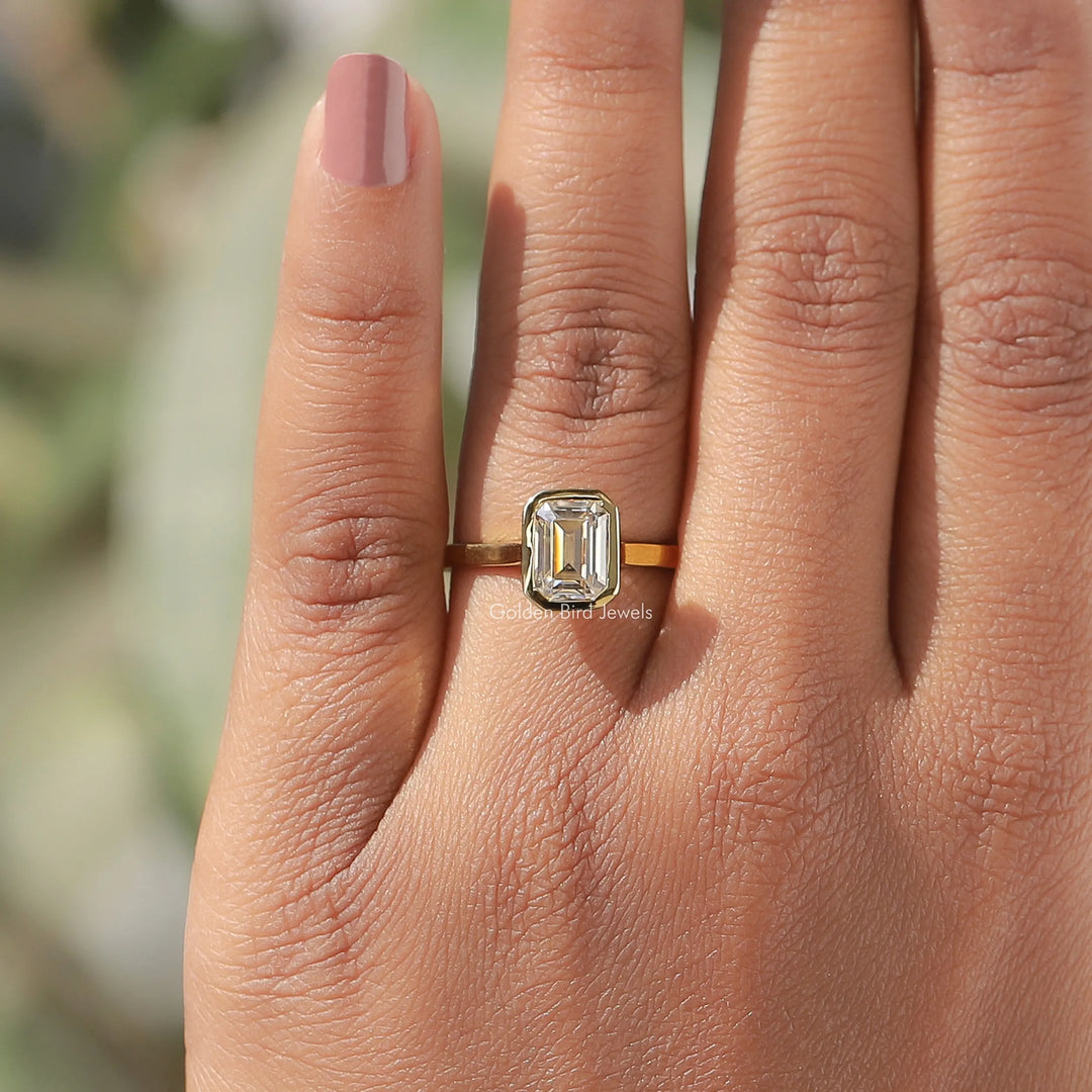 Emerald Cut Moissanite Bezel Set Engagement Ring