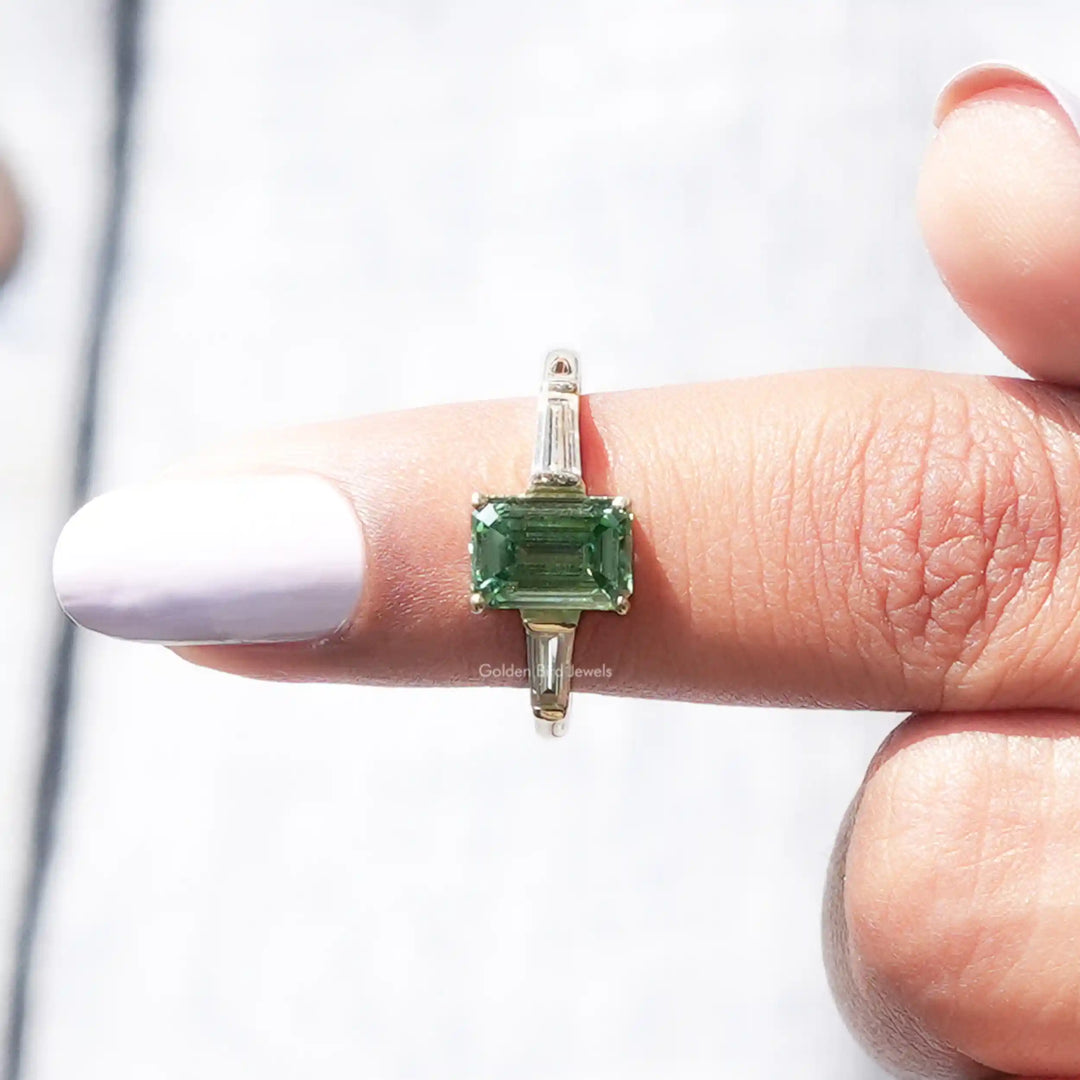 Green Emerald Cut Moissanite Engagement Ring