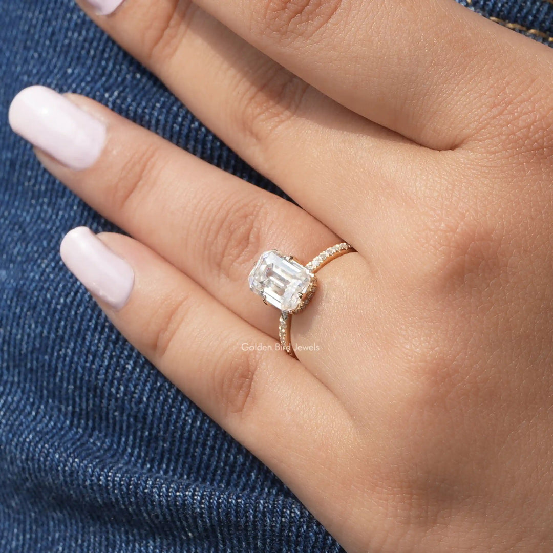 Emerald Cut Moissanite Hidden Halo Engagement Ring