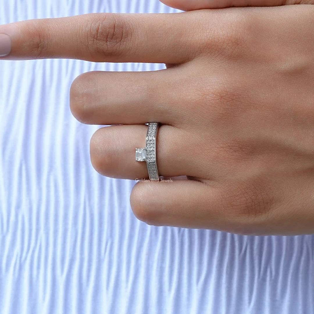 East West Emerald Cut Moissanite Pave Ring