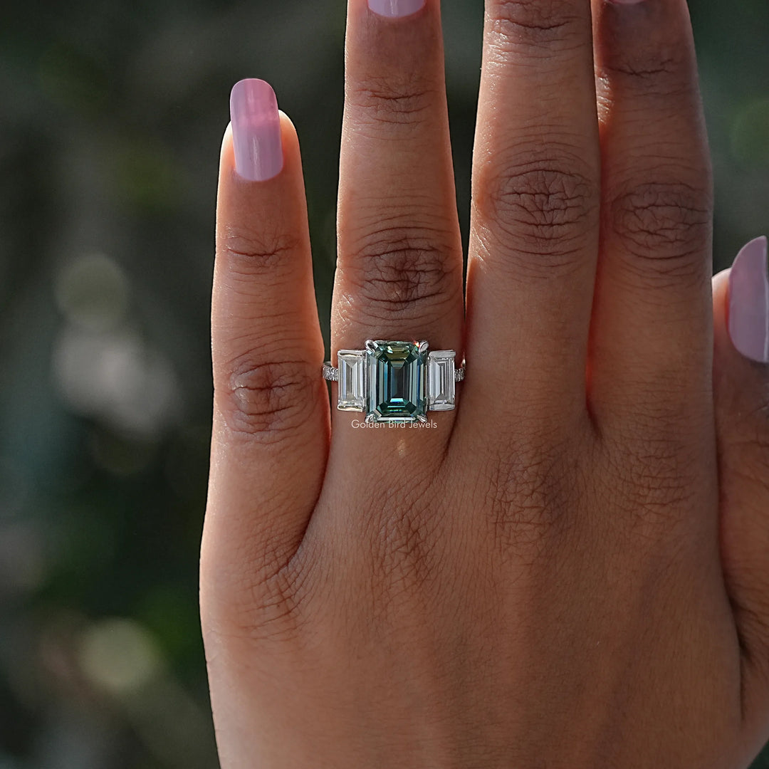 Emerald Cut Moissanite Three Stone Ring