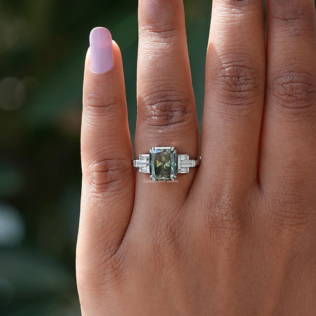 Green Radiant Cut Moissanite Engagement Ring